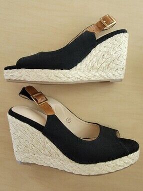 Espadrille Wedge Slingback Sandals In Black Canvas - Classic Summer Style Size 8
